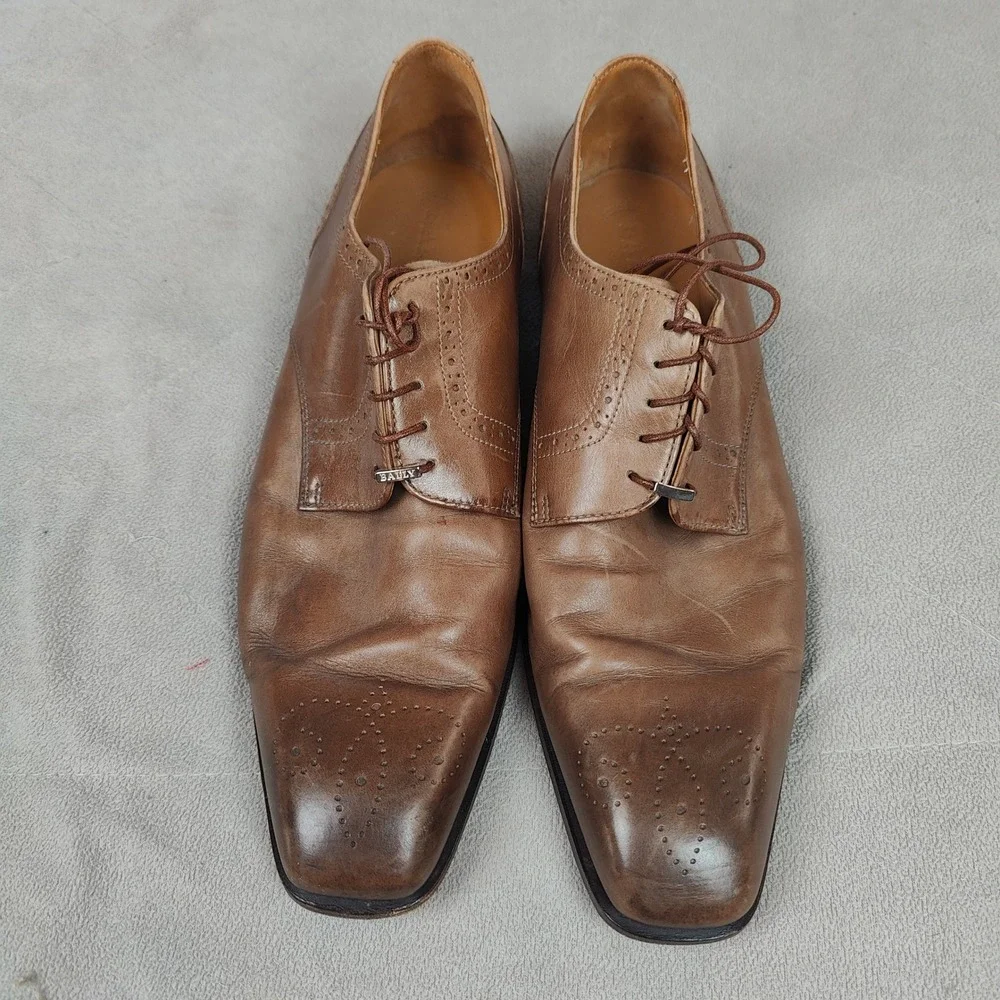 Bally Oxfords Mens 11 D Tan Brown Leather Brogue Medallion‎ Derby Shoes